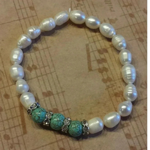 Fashion Jewelry Jewelry - Hand Craft Cultured White Freshwater Pearls Turquoise Magnesite Stretch Bracelet